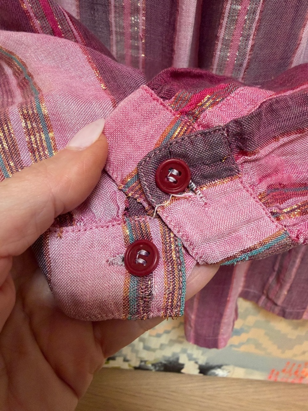Vintage Indian Cotton Gauze Blouse Pink Metallic Stripes Size small - Picture 10 of 14